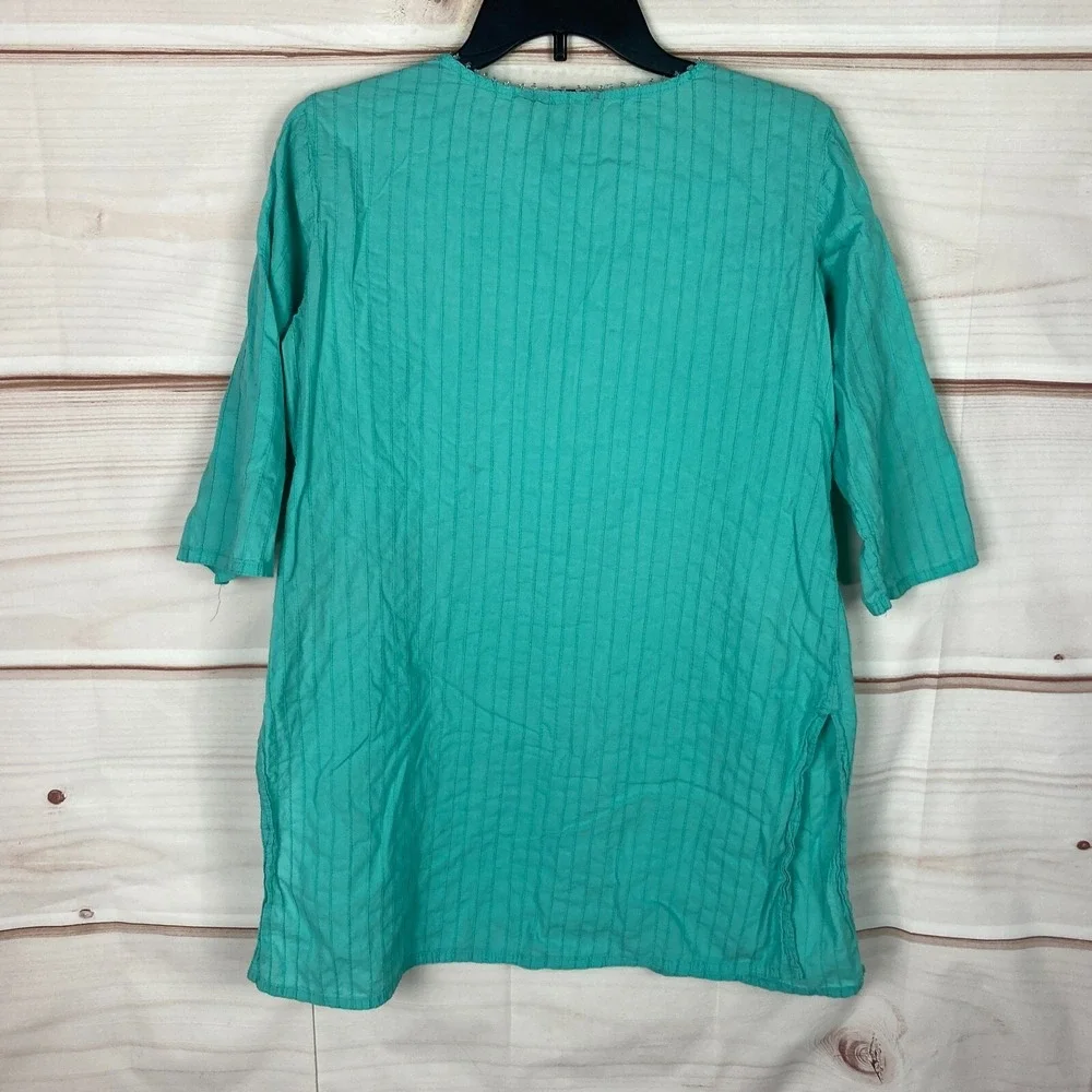 Srishti Top Womens L Green 3/4 Sleeve Tunic Indian Kurti Bead Neck Cotton Blouse